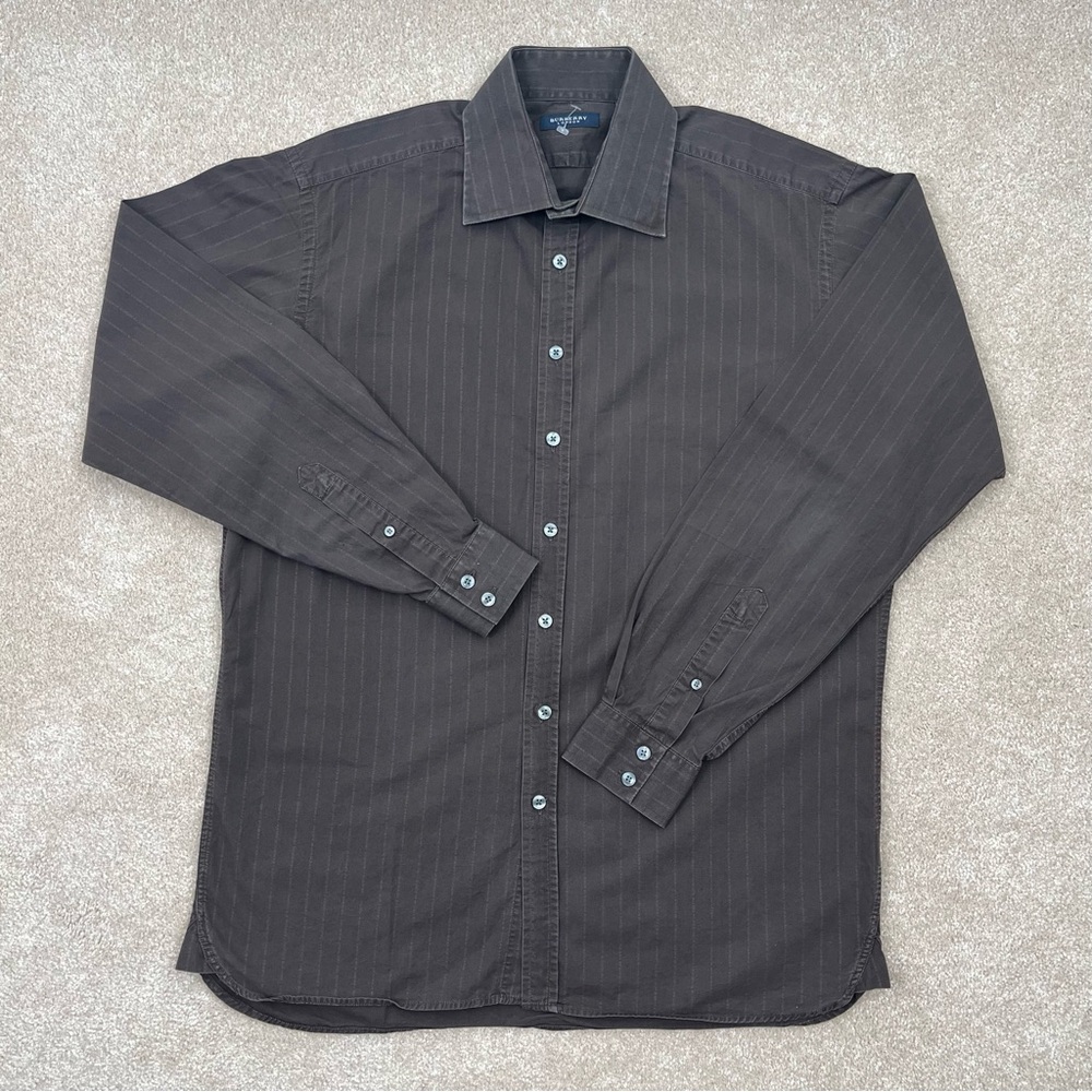 Vintage Burberry Shirt Adult Neck 16.5 Brown Button Up Text Logo Stripe Men